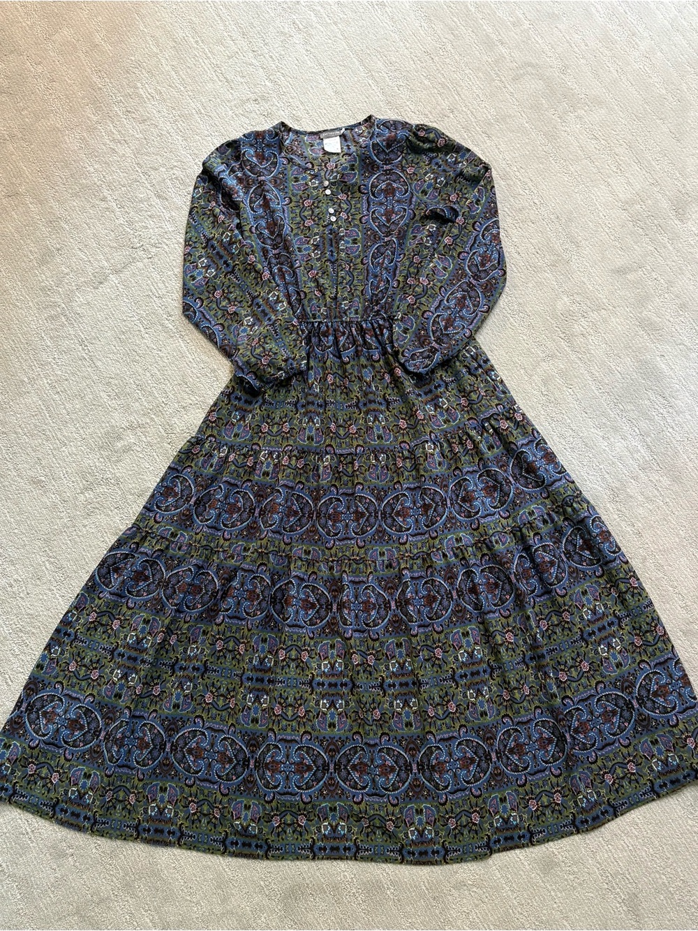 Earthbound Trading Co Boho Paisley Tiered Midi Prairie Dress Long Sleeve Medium